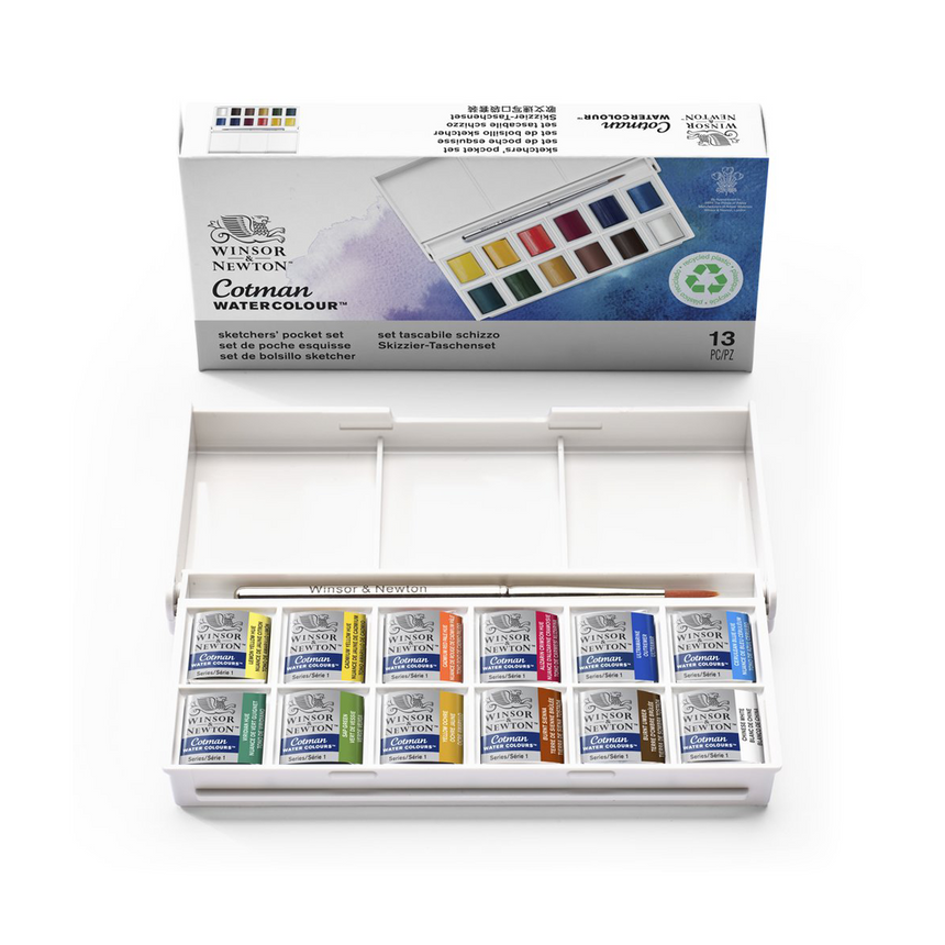 Winsor & Newton Cotman Watercolor Paint Set, Sketchers' Pocket Set, 12 Half Pan w/ Brush